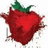 Pixelated red fruit with green leafy top, irregular shape and blurred edges on white background.
