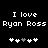 Black background with white pixelated text reading "I love Ryan Ross" and two of five heart symbols each, where the third symbol in each is gray