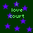 Dark green background with scattered purple stars and repeated text 'i love court' in bright green pixelated font.