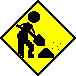 Three yellow diamond-shaped warning signs with black borders show a worker digging, each frame depicting sequential motion of shoveling dirt.