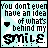A 6-frame animated contact sheet showing a pixel-art text-based icon with light blue background and white cloud patterns, displaying the phrase "You don't even have an idea of what's behind my smile" across all frames with slight variations in heart symbol appearance.