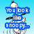 Animated cartoon character with white body and black ears, blue background text reading "You look like a noopy..." then changing to "And it makes me SMILE!" while the character's head moves upward.