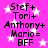 A pink background with white stars and black text listing names followed by plus signs or equals signs, ending in 'BFF' on a buddy icon.