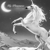 Black-and-white image of a rearing unicorn with a crescent moon, mountains, and partial text fragments.