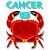 A 50x50 pixel animated buddy icon featuring a red crab with blue accents under the word 'CANCER' on white background, transitioning to green text 'Original Icons .com' on dark green background.