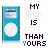 Pixelated blue MP3 player icon with circular click wheel, repeated in pattern alongside text variations