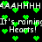 Pixelated green hearts fall over black background with repeated text 'It's raining Hearts!' in white blocky font.