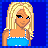 Pixelated character with blonde hair and blue top, showing full body in three against blue background