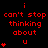 Red text on black background reads "i can't stop thinking about u" with red heart symbols in varying quantities across three