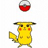 Yellow cartoon character with red cheeks, black-tipped ears, and a lightning-shaped tail stands beneath a Poké Ball on white background.