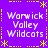 Purple background with yellow dashed borders and star motifs, displaying four identical text blocks reading "Warwick Valley Wildcats" in white pixelated font.