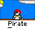 Pixelated pirate character with red hat and white face, shown in multiple poses including speaking, falling, and being hit by projectiles.