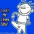 Pixelated white cartoon character with closed eyes and a wide smile stands against solid blue background, left side features vertical gray text.