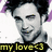 Pixelated grayscale portrait of a person with dark hair and purple accents, smiling, with yellow text reading 'my love' and a heart symbol below.