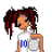 Pixelated image of a character with dark red braided hair holding a volleyball, surrounded by scattered text fragments in various colors.
