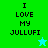 Green and cyan pixelated text reads "I LOVE MY JULLUFI" with a star symbol below the text on two different backgrounds.