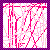 Pixelated abstract pattern with vertical and diagonal pink lines on white background, bordered by purple checkered frame.