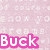 Pixelated image with pink text 'Buck' and yellow text 'ROO', star shapes, a red heart over a rose, and scattered hearts on gray background.
