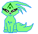 Four pixelated green cat-like creatures with blue outlines, each in a seated pose against gray background, displaying variations in eye shape and tail position.