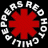 Four identical frames of a Red Hot Chili Peppers logo animation featuring red asterisk symbols surrounded by circular text on black backgrounds.
