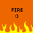 Pixelated orange background with yellow and orange flames at the bottom, two black 'FIRE' texts above flame-like symbols.
