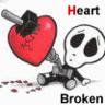 Static cartoon icon showing a broken heart with a bullet hole and a sad skeleton figure, text labels "Heart" (red) and "Broken" (black).