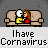 Pixel art of two figures on a beige couch, one in yellow shirt and red pants, the other in white mask, with text below reading 'Ihave Coronaviruses' in black on light gray.
