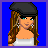Pixelated character with long brown hair, black beret, and silver earrings wearing white strapless top against blue background.