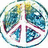 Pixelated peace symbol icon with blue and green segments on white background, surrounded by yellow border with red text phrases.