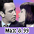 A pixelated animation of two people in formal attire facing each other against a purple-pink gradient background, with text below reading "Max & 99" in white and yellow.