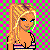 Pixelated cartoon character with blonde hair and blue eyes on a pink background, surrounded by repeated foot shapes and green text phrases.