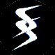 White abstract lightning-like shapes on black background with one gray square in bottom-right corner