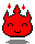 Red pixelated flame character with closed eyes and smiling mouth, two red sparkles above head on gray background.