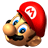 Pixelated close-up of a character with red cap, blue eyes, brown skin, and black mustache against gray background.