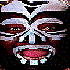 A pixelated mask-like face with white and brown patterns, red mouth, and white teeth, displayed in a of four with one blank