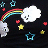 Pixelated icon with black background featuring two smiling clouds, a rainbow, stars, and red hearts.