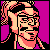 Pixelated static icon of a stylized character with peach skin, black hair, and glasses against a magenta background, featuring dithering effects on the left side.
