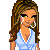 Pixel art of a female character with long brown hair, green eyes, and silver hoop earrings wearing a light blue crop top and white skirt with a purple 'DANCE' wordwall.
