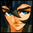 Pixelated anime-style character face with dark hair and blue eyes, next to stylized text on a black background.