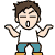 Pixelated character with brown hair, white shirt, blue pants, and yellow shoes in two sequential poses with arms raised and mouth open.