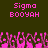 Pixelated image with dark green background, pink text reading "Sigma BOOYAH" in two above a of pink pixelated shapes resembling hands or flames