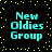 Four identical pixelated text blocks reading "New Oldies Group" in cyan on black background with yellow dots, arranged in a