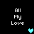Pixelated text 'All My Love' appears in four positions on a black background with two heart icons in cyan and teal.