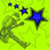 A pixelated image shows a green figure holding a blue star against a bright yellow background with smaller blue stars.