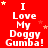 Red background with white text "I Love My Doggy Gumba!" repeated in a , surrounded by small yellow and pink stars