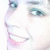 Pixelated close-up of a person's face showing eyes, nose, and mouth with light skin tones and blue-green eyeshadow.