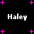 Black background with pink plus signs and four instances of the text 'Haley' in white pixelated font.