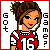 Pixel art contact sheet showing two animated frames of a female character in sports uniform with changing text on the left and right sides.