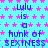 A static image with a light blue background covered in pink star patterns, displaying repeated text "Lulu is a hunk of SEXINESS" in dark blue pixelated font.