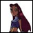 Pixelated image of a character with long dark red hair wearing a blue sleeveless top and brown shorts, standing against a white background.